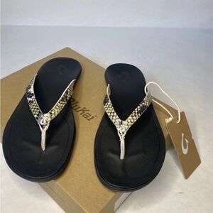 OluKai Women's Black Leather Snake Flip Flop Sandals